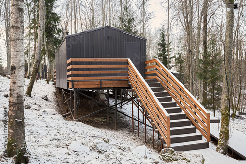 Snowcovered steps rise towards inviting cabin entrance amidst trees
