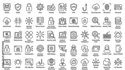 Collection of various line icons and symbols for business and technology.