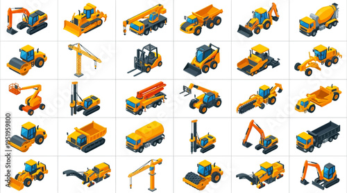 Collection of various construction vehicles and equipment icons.