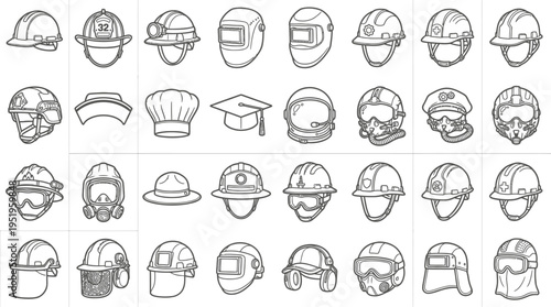 Collection of various safety and occupation hats.
