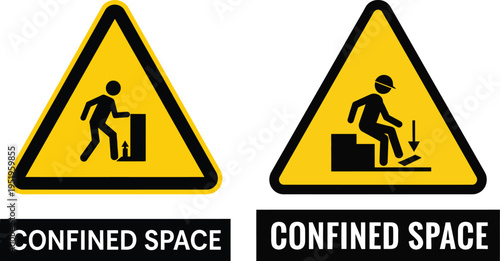 Warning signs for confined spaces with worker illustrations