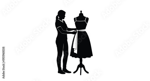 Vector silhouette of a tailor working on a dress on a mannequin