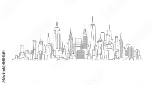 Contemporary continuous stroke artwork depicting a sprawling urban architectural vista