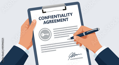 Signing a Confidentiality Agreement Document with a Key Icon