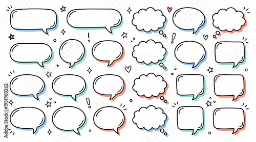 Diverse collection of hand-drawn speech and thought bubbles for communication concepts, with doodle style chat boxes and message frames