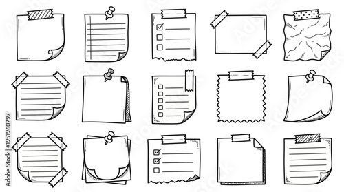 Outline Collection of Hand-Drawn Sticky Notes, Checklists, and Memo Paper Doodles