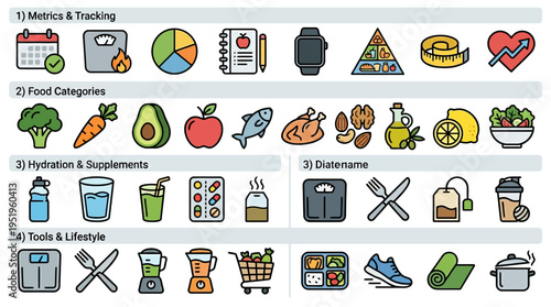 Healthy Lifestyle Icons Food, Fitness, Tools and Hydration