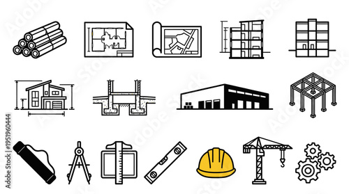 Comprehensive collection of architectural design and construction engineering line icons set for various projects
