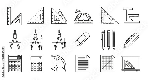 Collection of various stationery and measuring tools used in education and drafting
