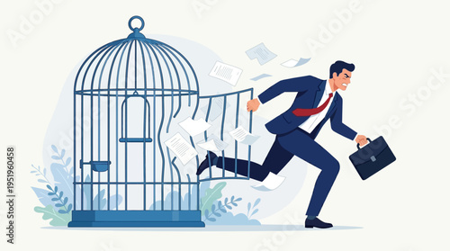 Empowered businessman breaks free from a symbolic cage, embracing liberation and new professional opportunities