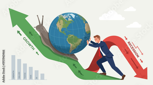 Business Recession And Economic Growth With World Globe And Snail Symbolism
