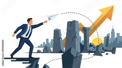 Business growth concept man launching paper airplane towards rising sun over ruins and city skyline