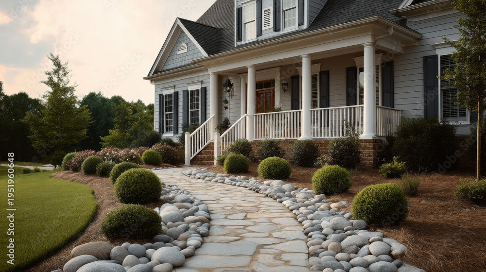 Fototapeta premium Stone walkway manicured bushes luxury home white porch landscaped yard elegant entrance suburban house green lawn peaceful inviting