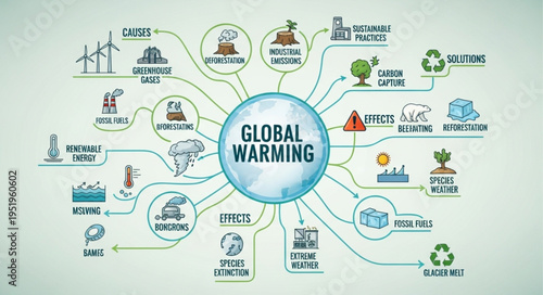 Global Warming Mind Map - Causes, Effects, and Solutions for Climate Change.
