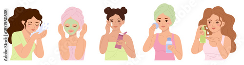 Skincare routine steps set. Hand drawn collection with woman and girl characters applying facial mask, cream and lotion. Daily beauty treatment and hygiene
