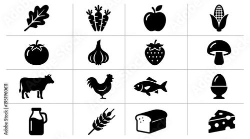 Set of 16 black and white icons representing various food and farm-related items