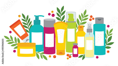 Cosmetic products array with leaves and berries, natural beauty items