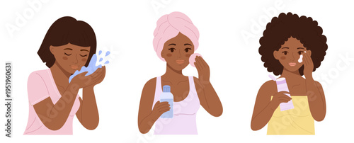 Black woman skincare routine. African girl characters in hand drawn collection applying facial toner, washing face and using moisturizer isolated on white background.