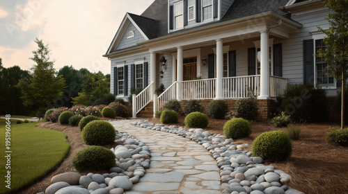 Stone walkway manicured bushes luxury home white porch landscaped yard elegant entrance suburban house green lawn peaceful inviting