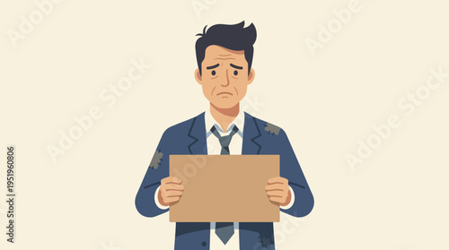 Sad man in suit holding a blank sign with a worried expression