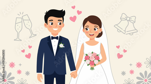 Happy Bride and Groom Holding Hands on Their Wedding Day