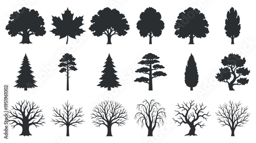 Collection of diverse tree silhouettes, showcasing various species and seasons