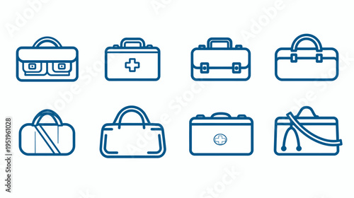 Collection of eight different blue outline medical bag and case illustrations on a white background