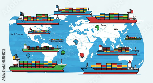 Global Shipping Network - Container Ships on World Map Illustration.