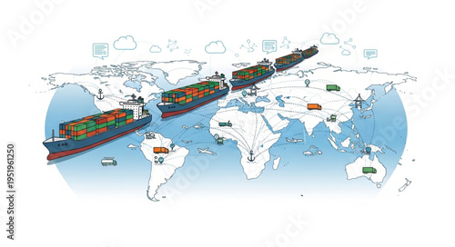 Global Trade and Logistics - A World Map Illustration with Cargo Ships.