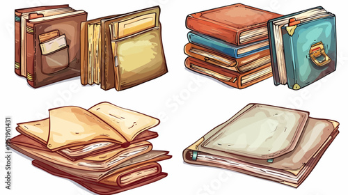 Illustration featuring four different sets of illustrated books in a cartoonish and colorful style