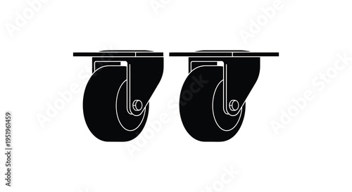 A pair of black caster wheels with a metal stem and white outline