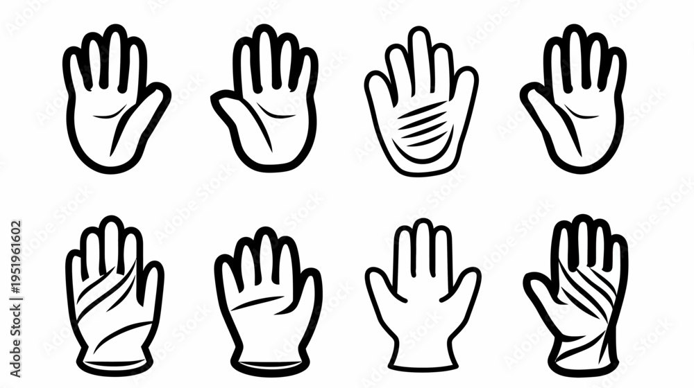 Fototapeta premium Eight stylized open hands with thick black outlines, various palm details, on a white background
