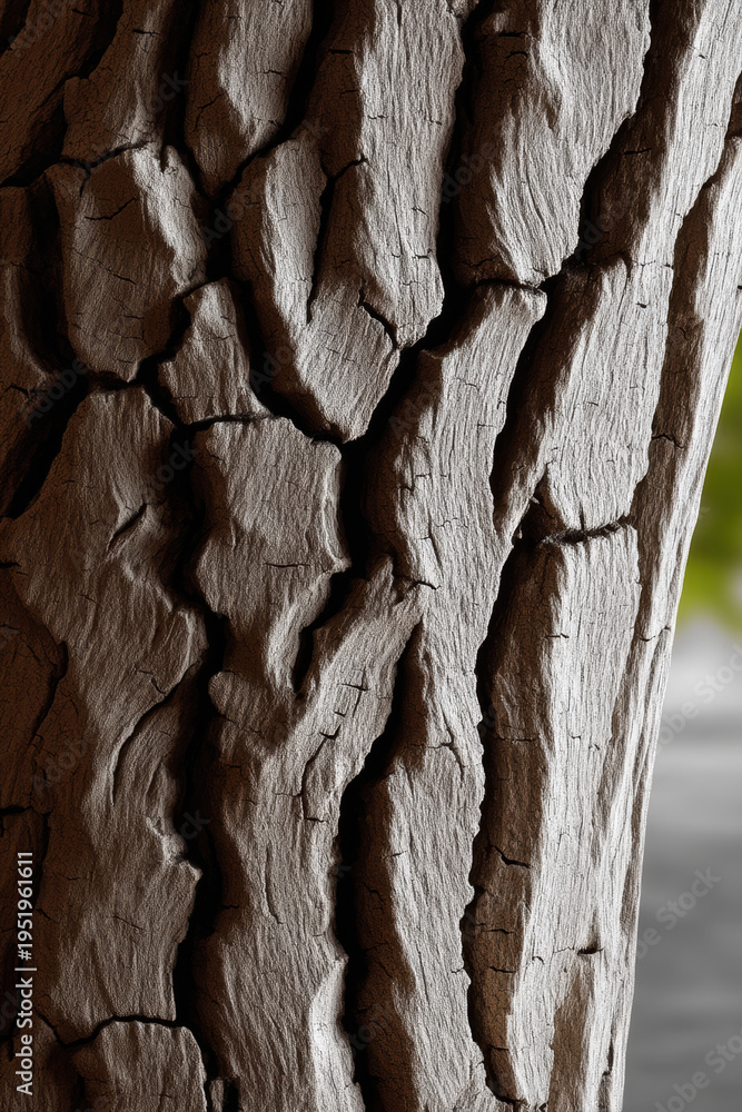 Obraz premium Close up of textured tree bark with deep cracks, rough surface, natural brown color, vertical pattern, outdoor nature detail