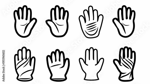 Eight stylized open hands with thick black outlines, various palm details, on a white background