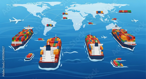 Global Trade and Logistics Network with Cargo Ships and Airplanes.