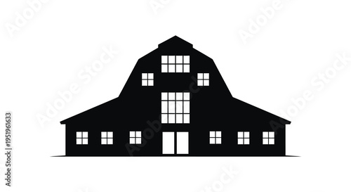 A black silhouette of a traditional dutch barn with a gambrel roof and multiple windows