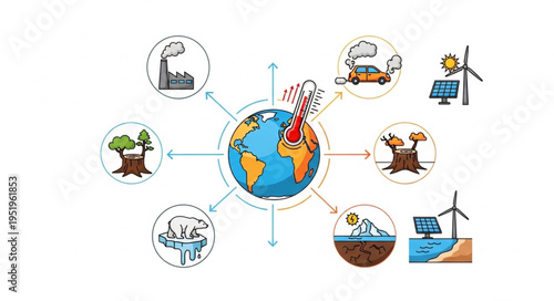 Global Warming and Climate Change Illustration with Earth and Environmental Factors.