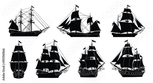 Collection of six historic sailing ships with varying hull and sail configurations