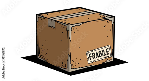 Cardboard box with fragile label, isolated on white background, cartoon style.