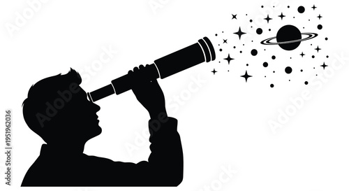 A silhouette of a boy looking through a telescope at a planet and stars in the night sky with wonder and curiosity