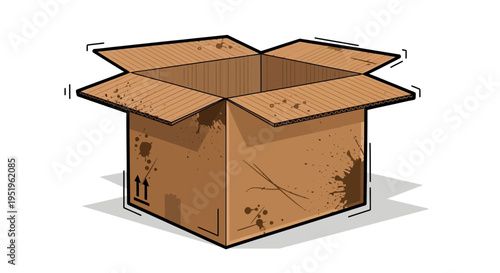 Open cardboard box with stains, isolated on white background