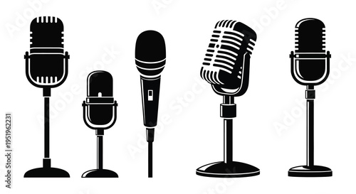 Collection of five classic and modern microphone models on stands