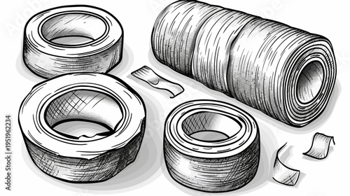 Illustration of tape rolls and a large roll in a grayscale artistic style