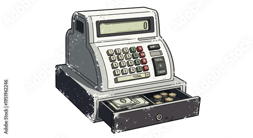 Vintage cash register with open drawer and money