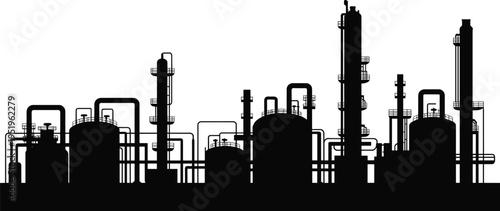 Black Silhouette of an Industrial Oil Refinery or Chemical Plant Complex vector illustration