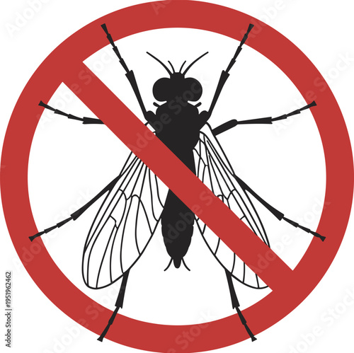 Silhouette of a Fly inside a Red Prohibition Sign Indicating No Insects warning
