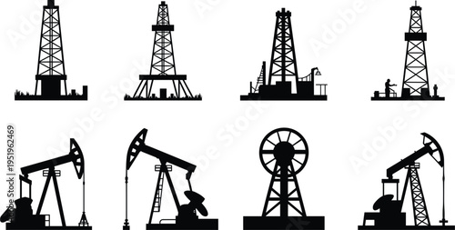 Silhouettes of Oil Rigs and Pumpjacks derrick oil pump