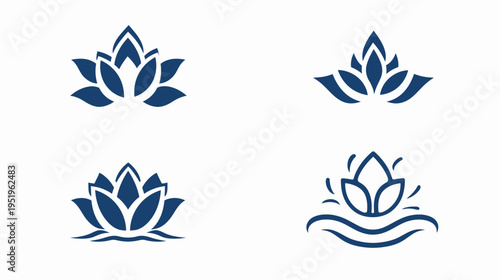 Four stylized lotus flower illustrations in a deep blue color, arranged on a white background