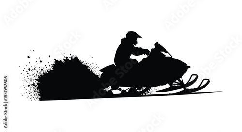 Silhouette of a person riding a snowmobile through a snowy landscape at high speed