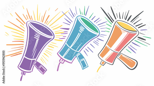 Illustration of three colorful megaphones, radiating light. Stylized design, bold lines, bright hues